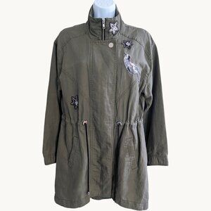 Cabi Hanson Anorak 3371 Utility Jacket Sequin Bird Star Patch Olive Green S